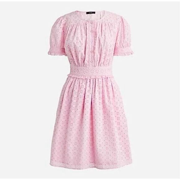 J.CREW Ruffle Button Front Eyelet Mini Dress size 0 Pink Frosty Lavender - Picture 1 of 10